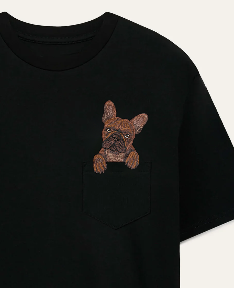 Buldog francuski (czekoladowy) – koszulka z haftem, czarna