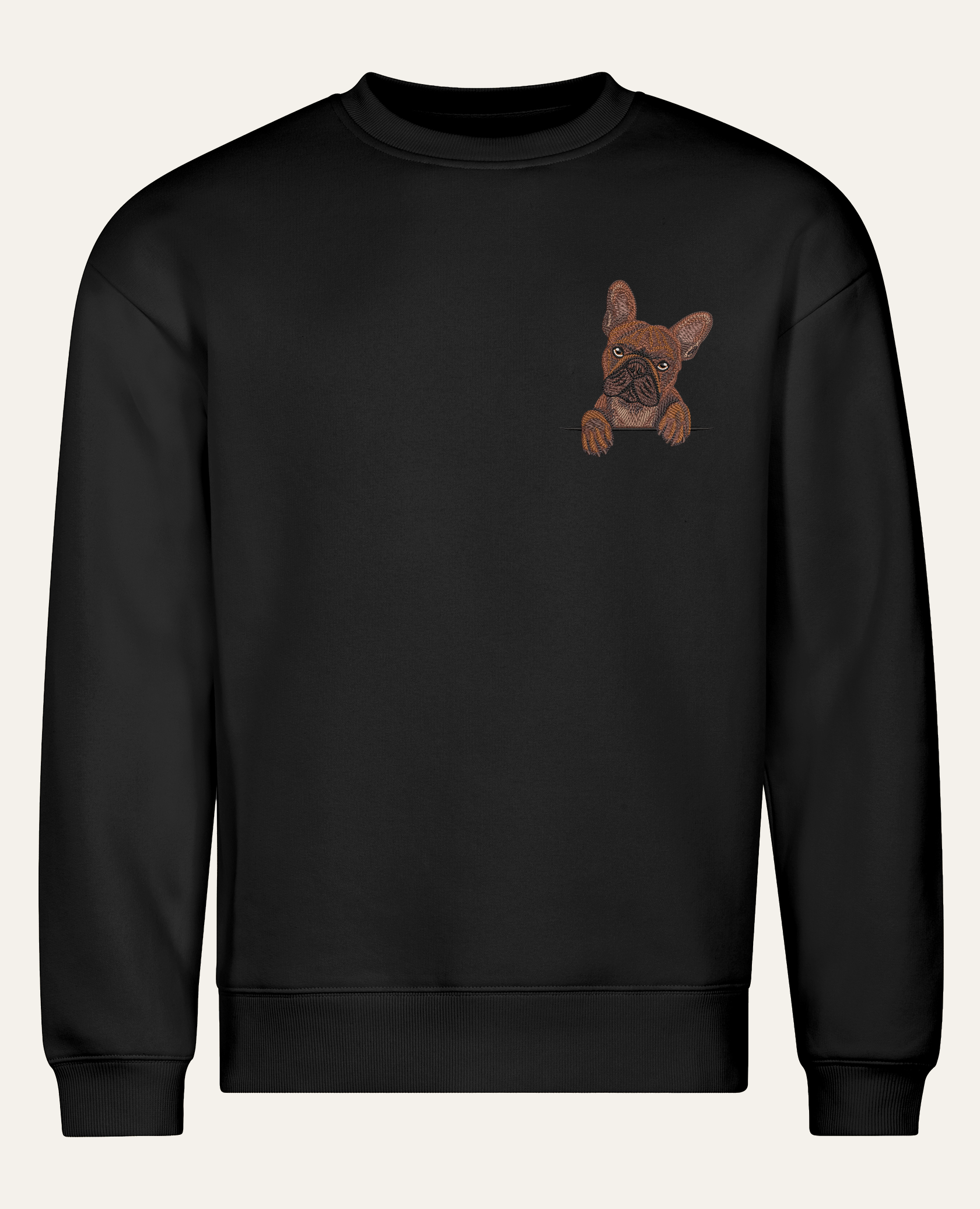 Buldog francuski (czekoladowy) – bluza z haftem, czarna (cała sylwetka)