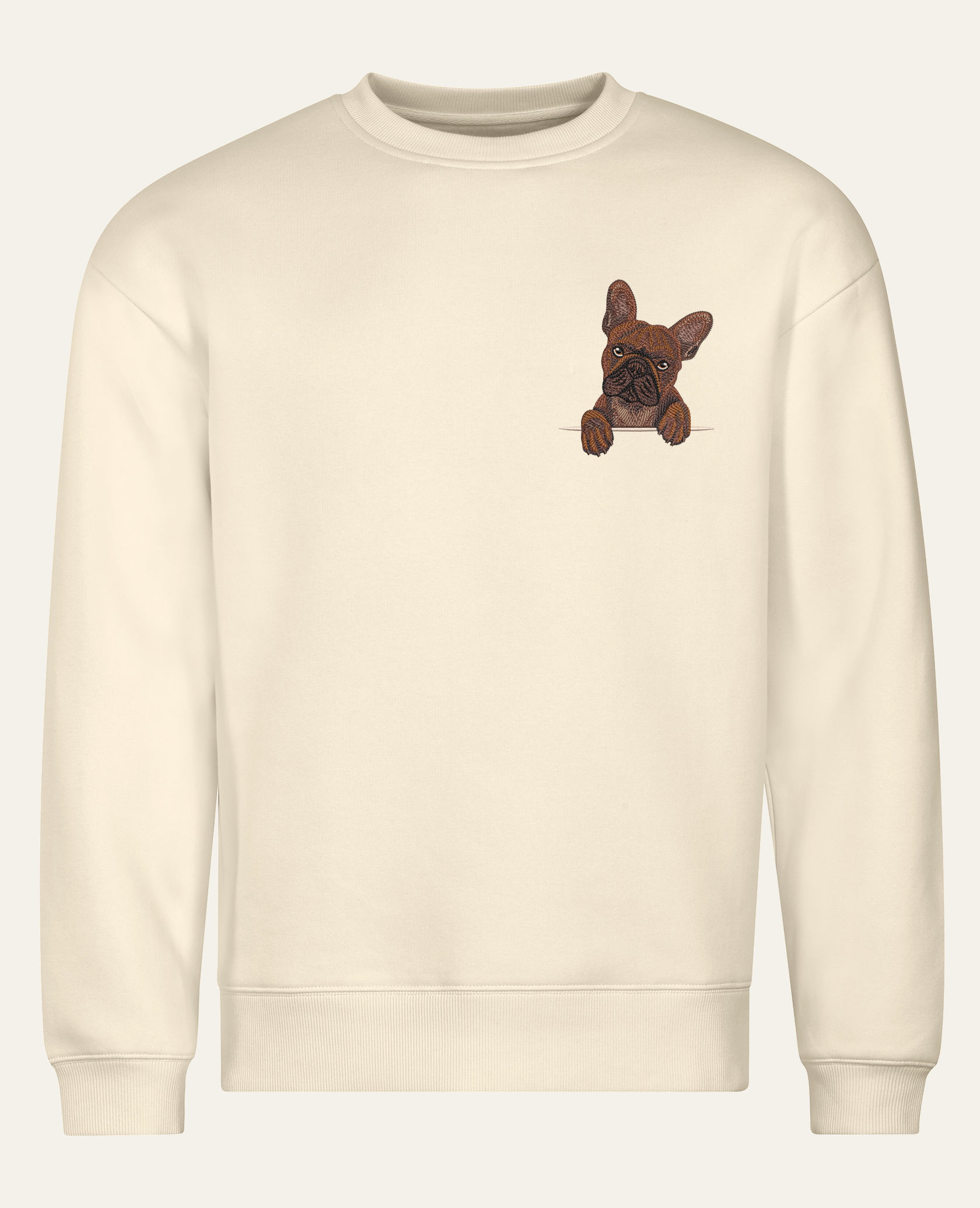 Buldog francuski (czekoladowy) – bluza z haftem, piaskowa (cała sylwetka)
