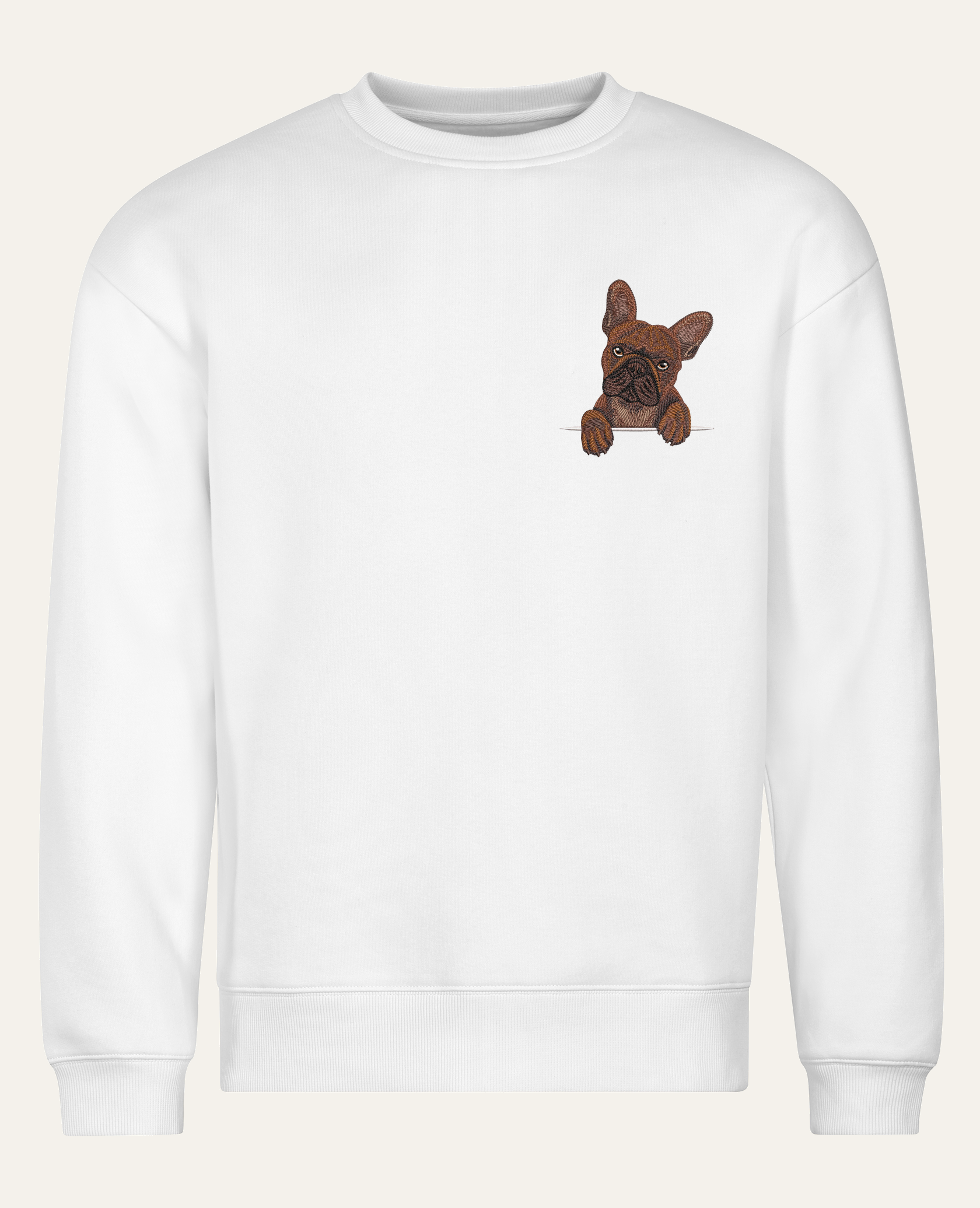 Buldog francuski (czekoladowy) – bluza z haftem, biała (cała sylwetka)