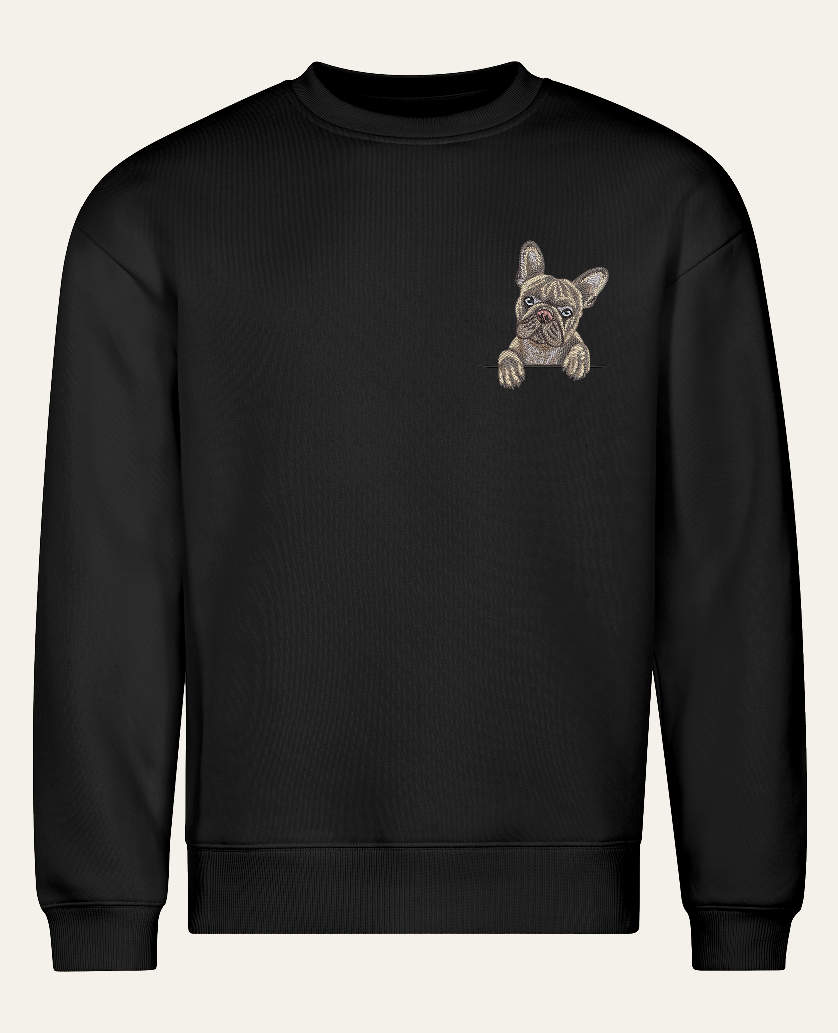 Buldog francuski (marmurkowy) – bluza z haftem, czarna (cała sylwetka)
