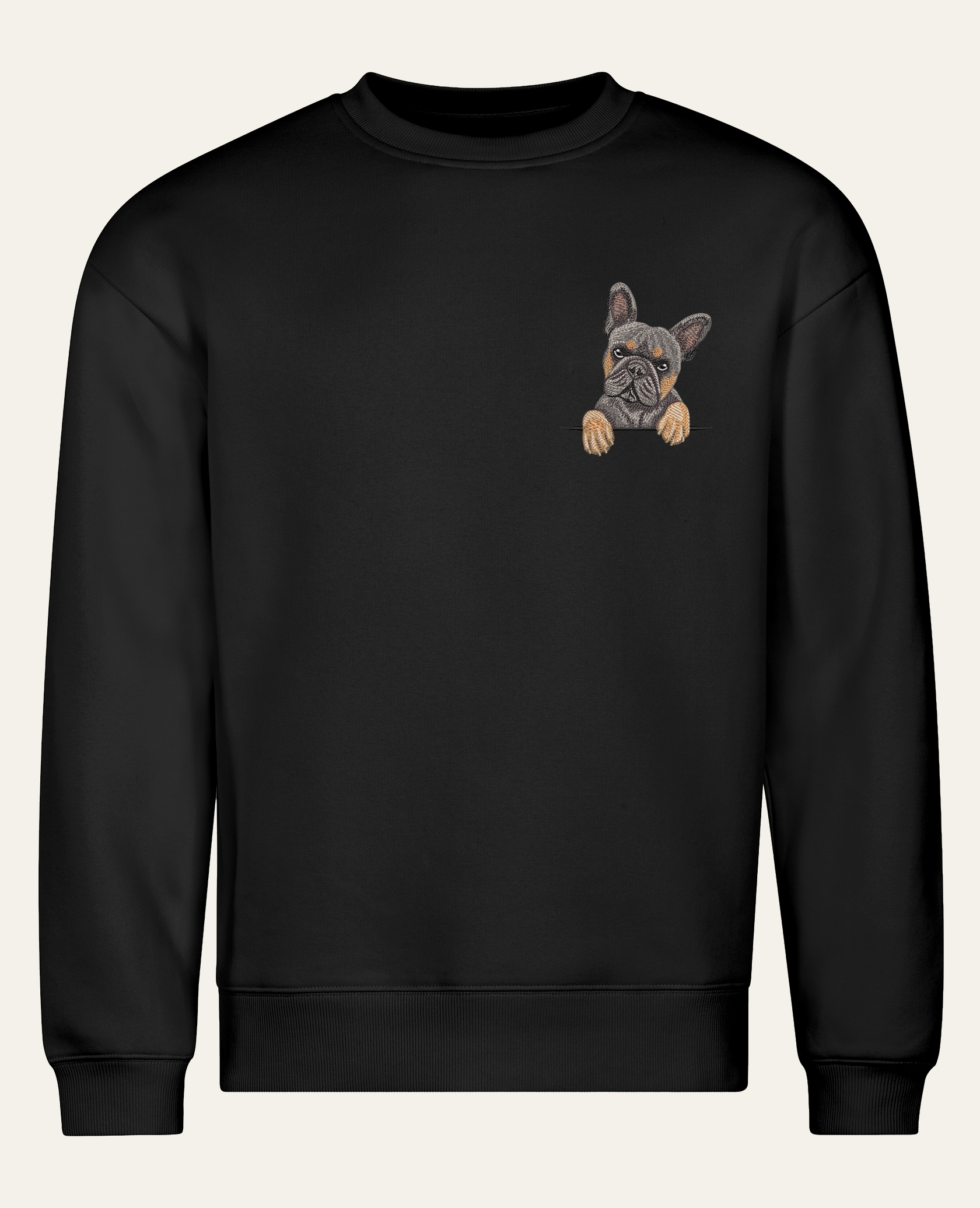 Buldog francuski (szary podpalany) wzór 2 – bluza z haftem, czarna (cała sylwetka)