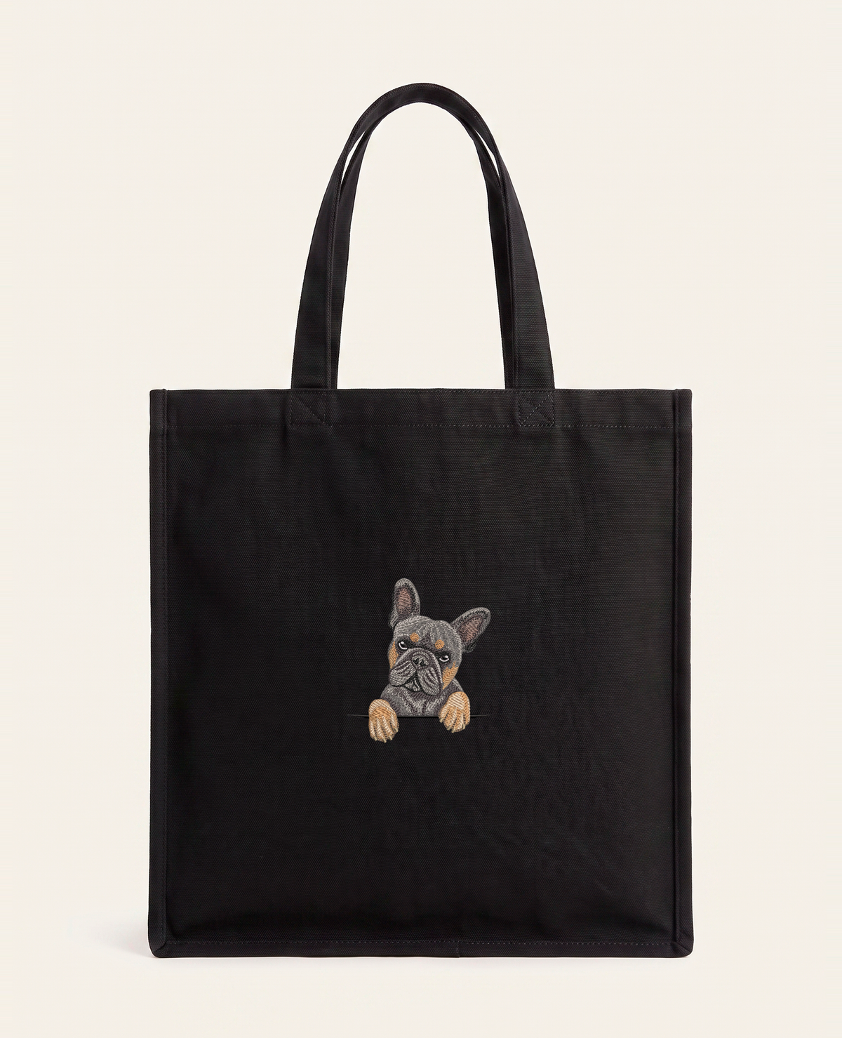 Buldog francuski (szary podpalany) wzór 2 – torba z haftem, czarna