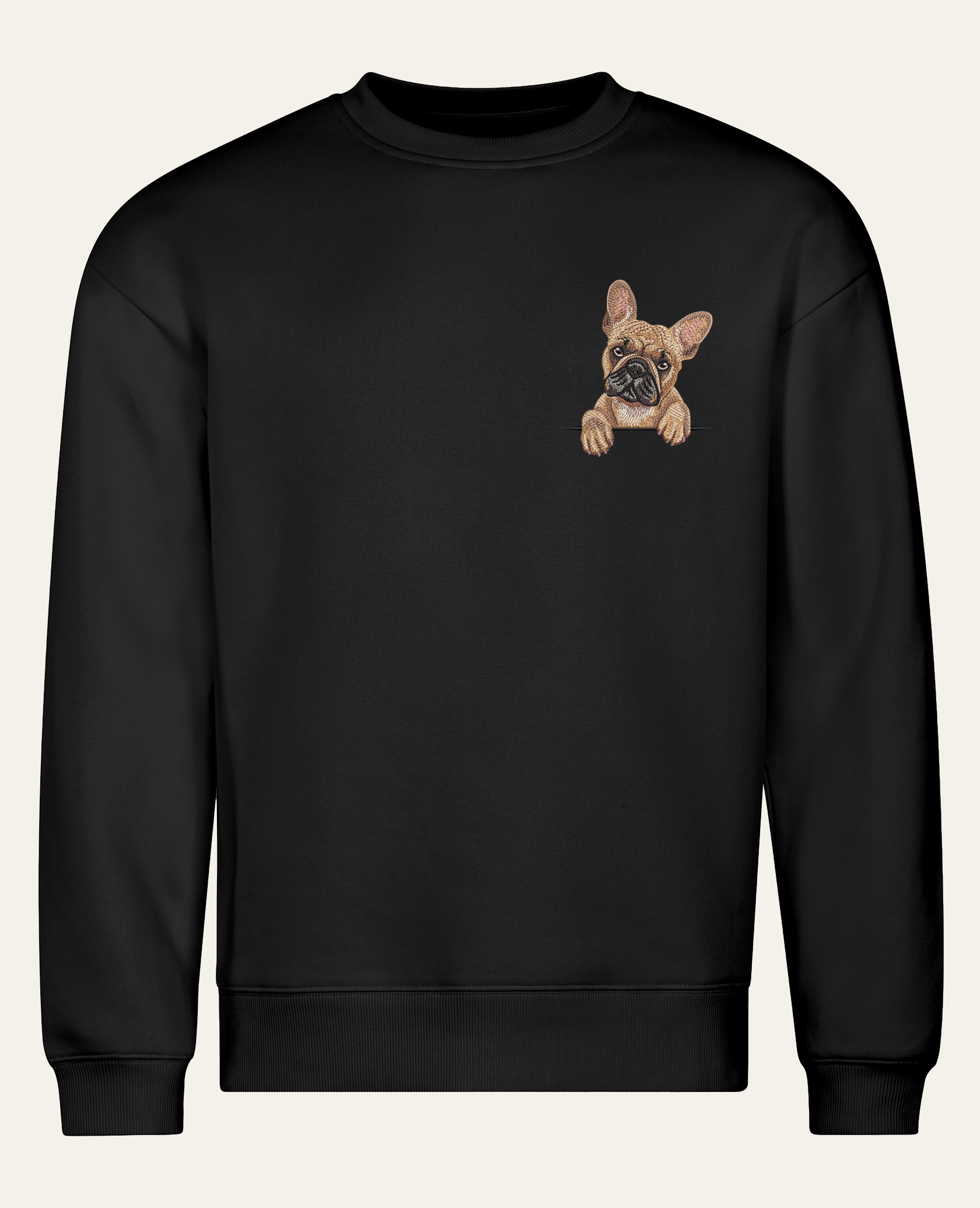 Buldog francuski (płowy) – bluza z haftem, czarna (cała sylwetka)