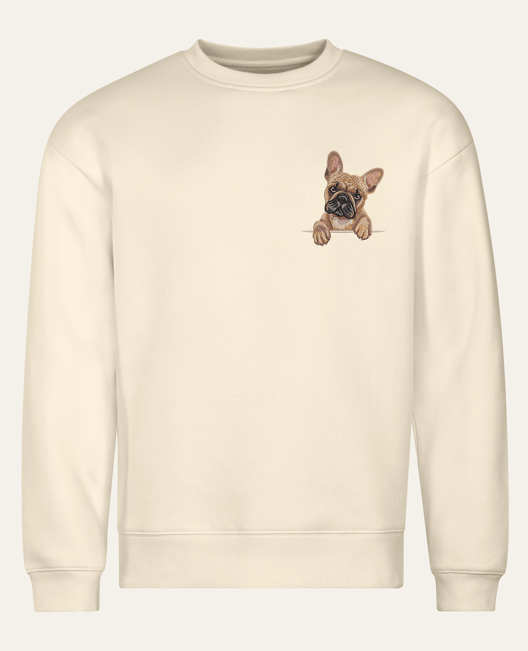 Buldog francuski (płowy) – bluza z haftem, piaskowa (cała sylwetka)