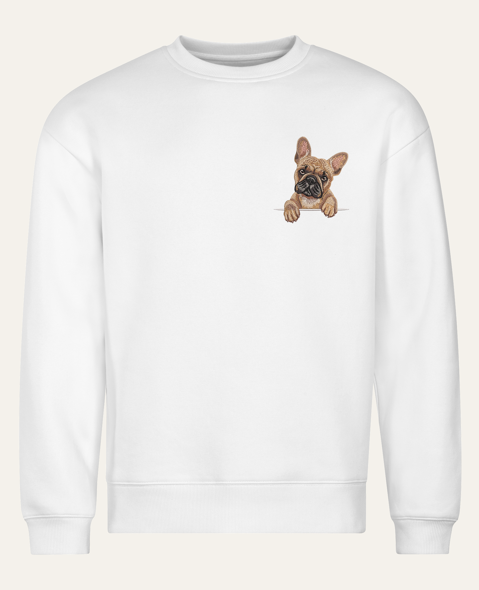 Buldog francuski (płowy) – bluza z haftem, biała (cała sylwetka)