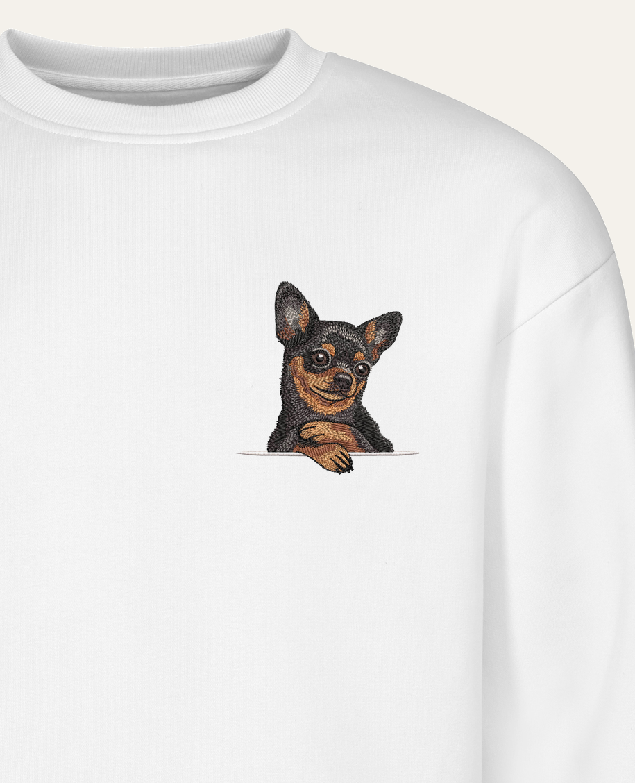 Chihuahua (czarny podpalany) – bluza z haftem, biała