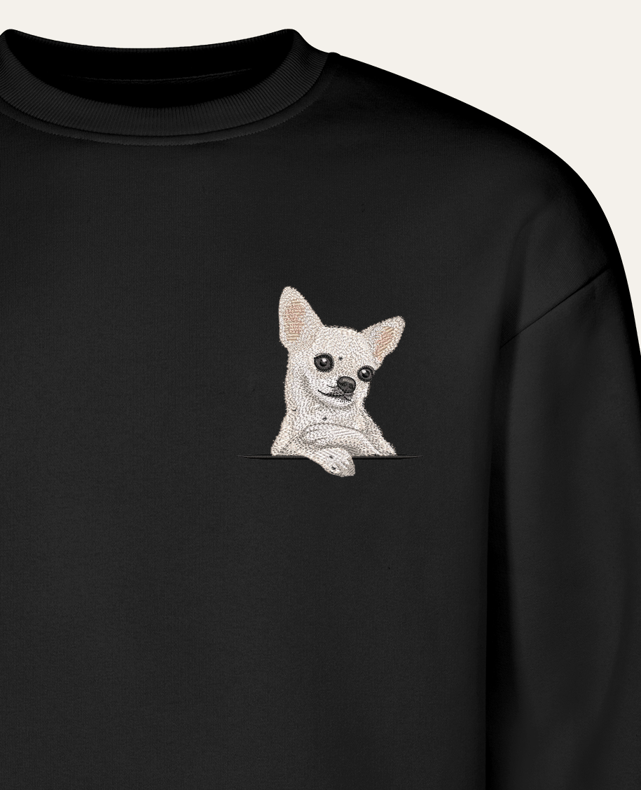 Chihuahua (biały) – bluza z haftem, czarna
