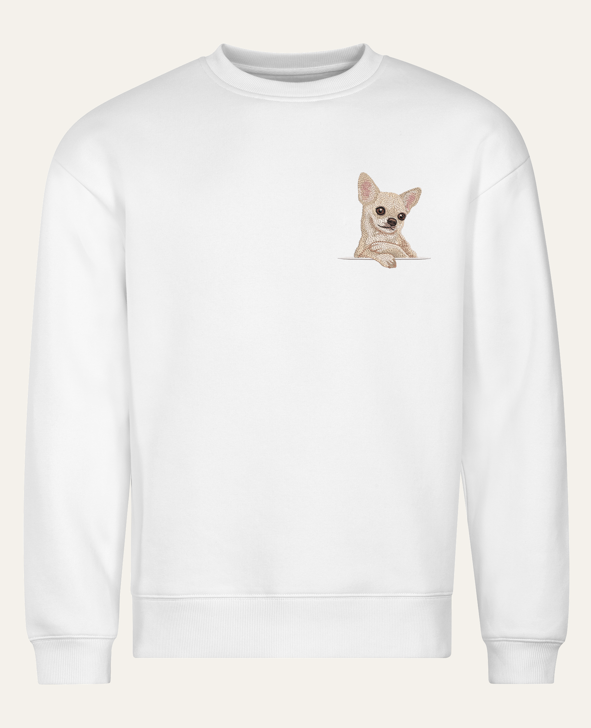 Chihuahua (kremowy) – bluza z haftem, biała, cała sylwetka