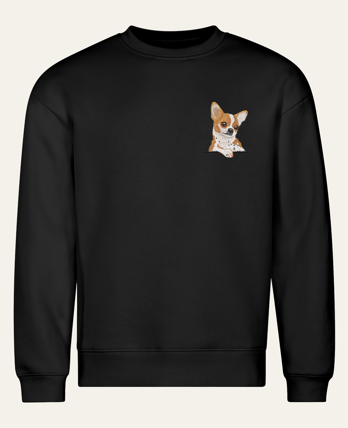 Chihuahua (biało-rudy) – bluza z haftem, czarna, cała sylwetka