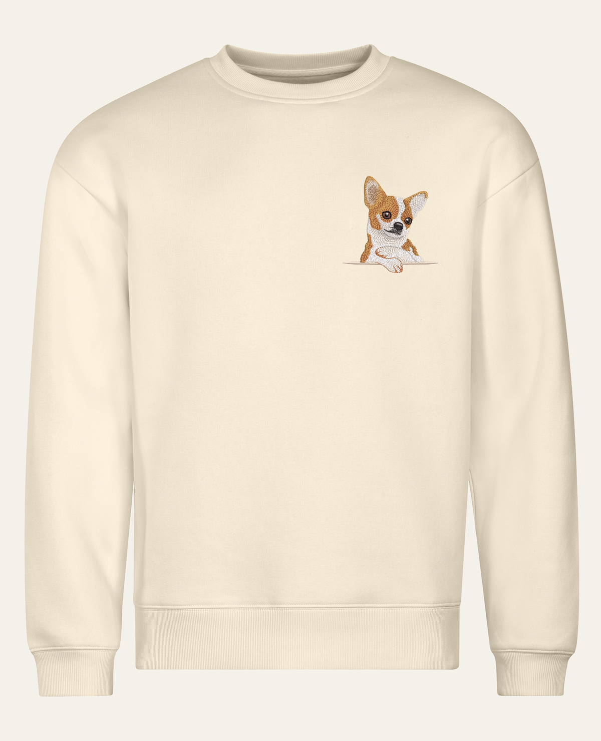 Chihuahua (biało-rudy) – bluza z haftem, piaskowa, cała sylwetka