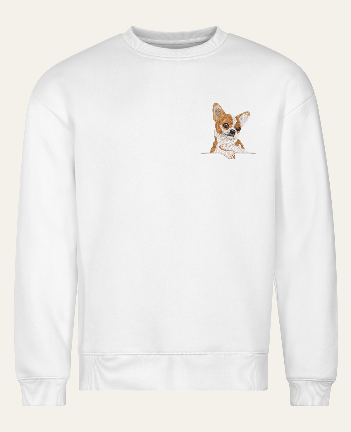 Chihuahua (biało-rudy) – bluza z haftem, biała, cała sylwetka
