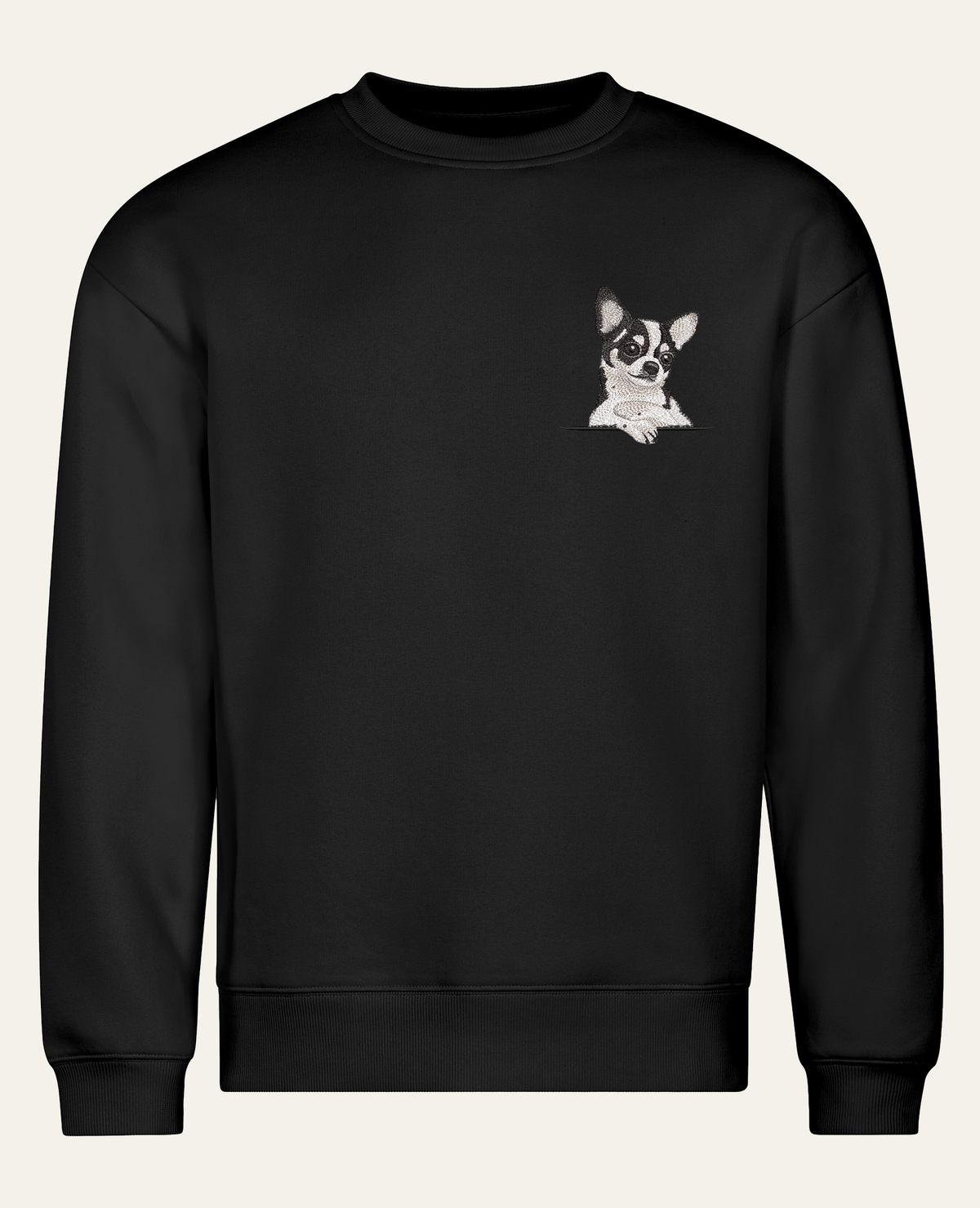 Chihuahua (biało-czarny) – bluza z haftem, czarna, cała sylwetka