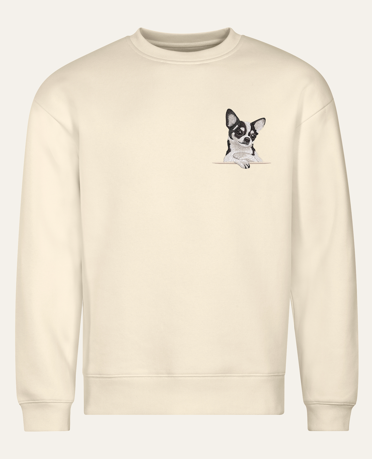 Chihuahua (biało-czarny) – bluza z haftem, piaskowa, cała sylwetka