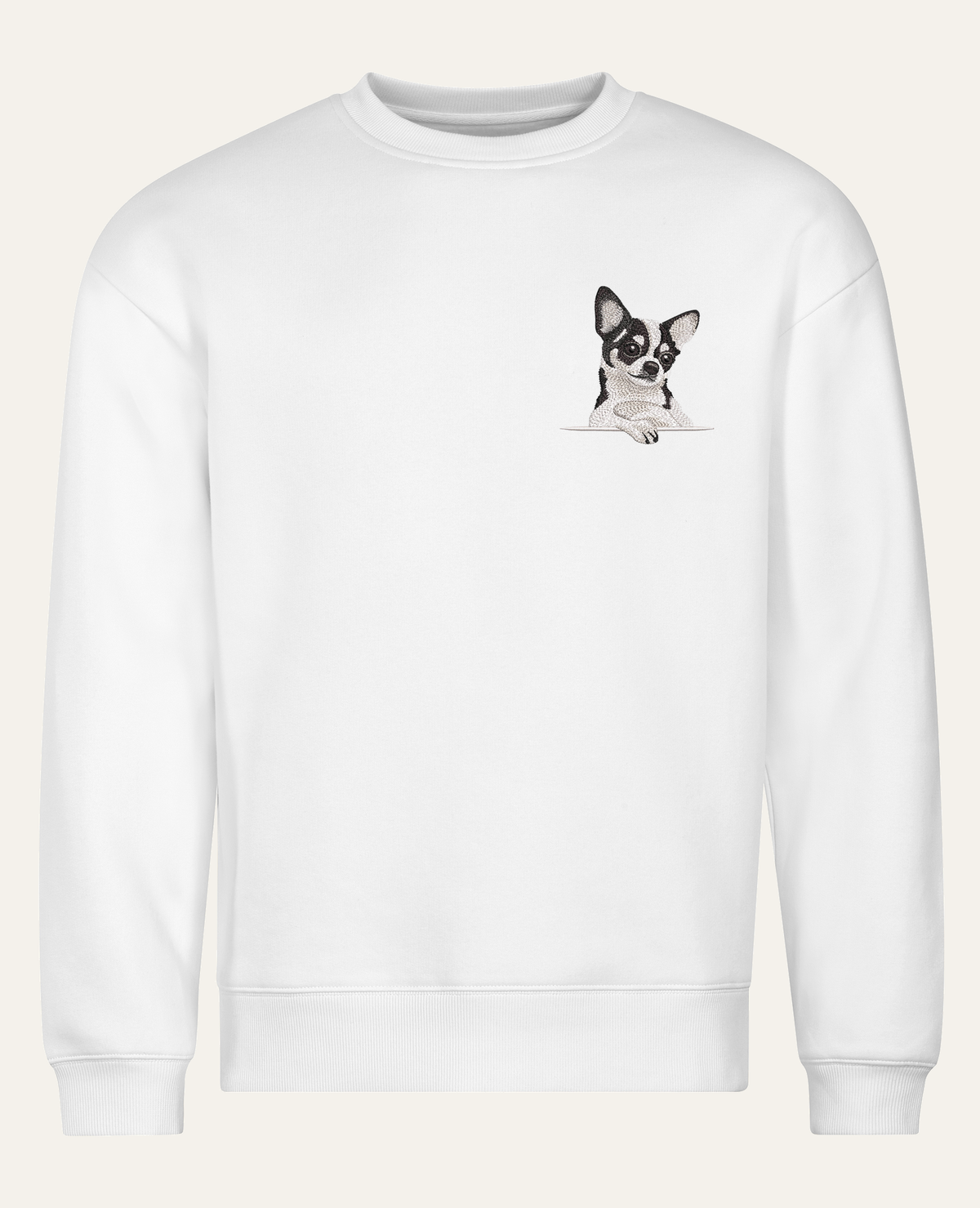 Chihuahua (biało-czarny) – bluza z haftem, biała, cała sylwetka