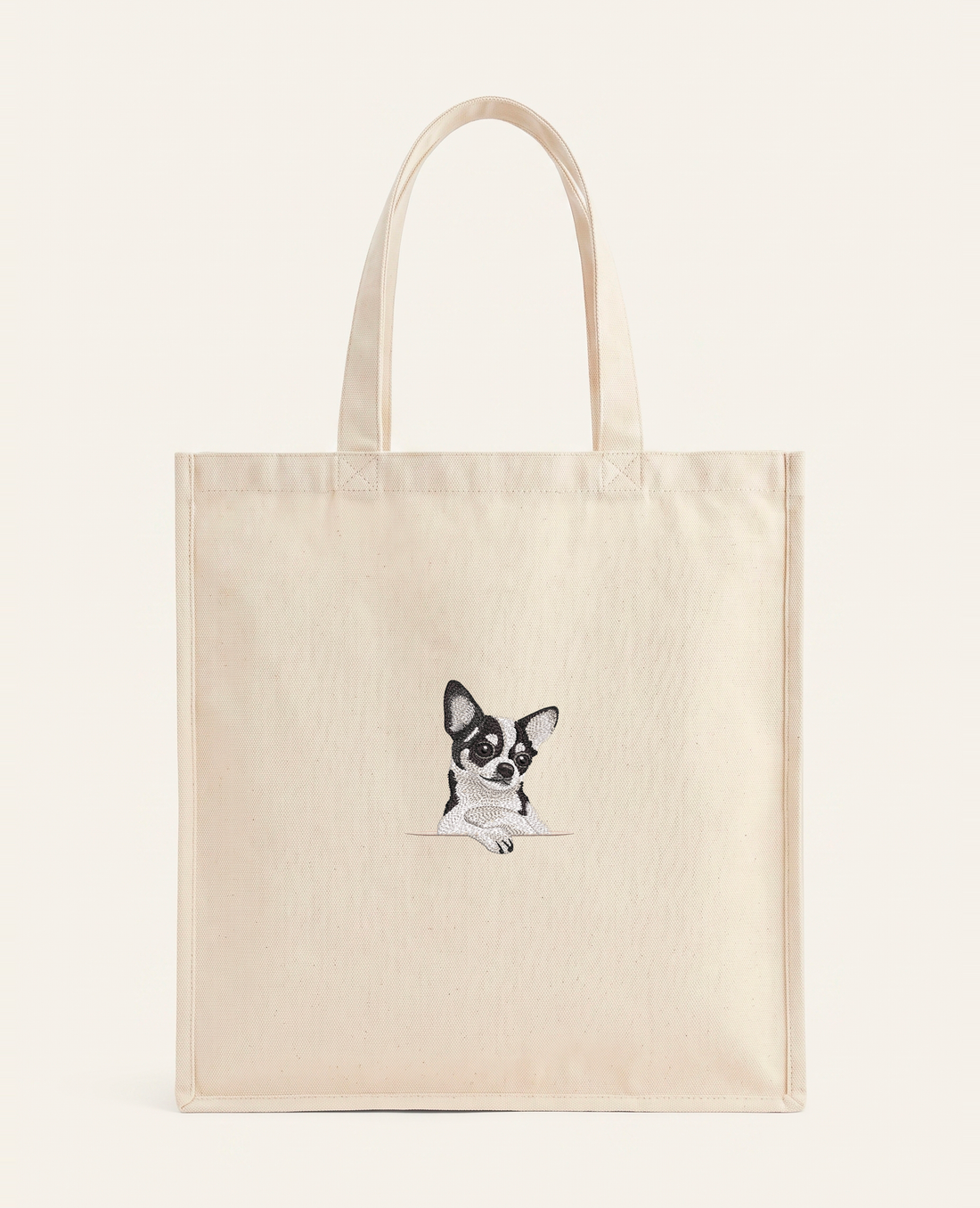 Chihuahua (biało-czarny) – torba z haftem, piaskowa