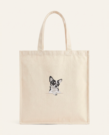 Chihuahua (biało-czarny) – torba z haftem, piaskowa