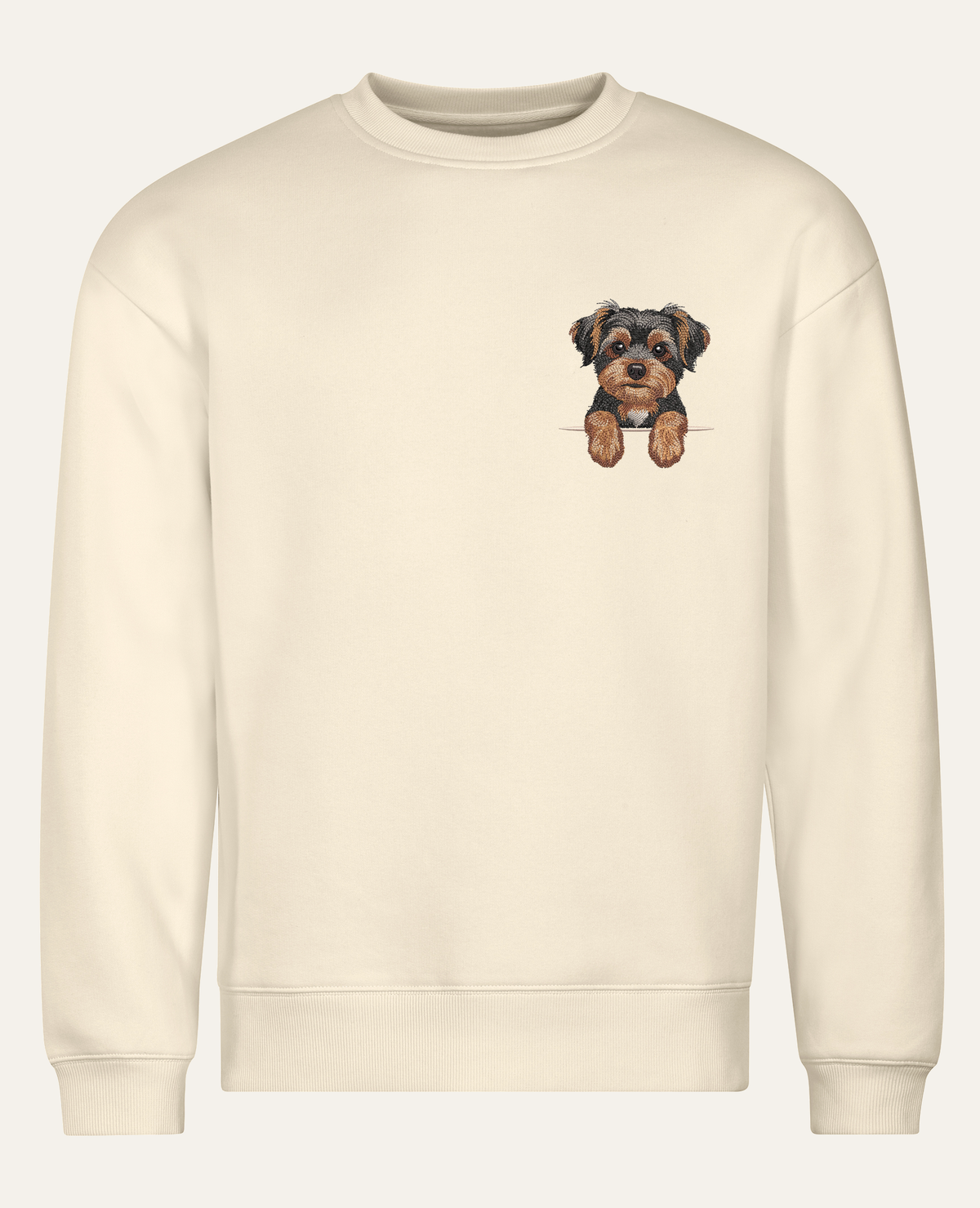 Morkie (czarny podpalany) – bluza z haftem, piaskowa, cała sylwetka