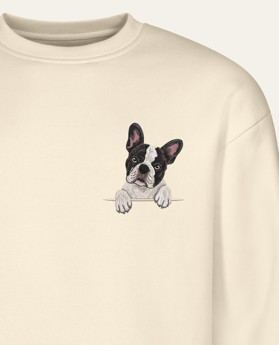 Buldog francuski (biało-czarny) – bluza z haftem, piaskowa