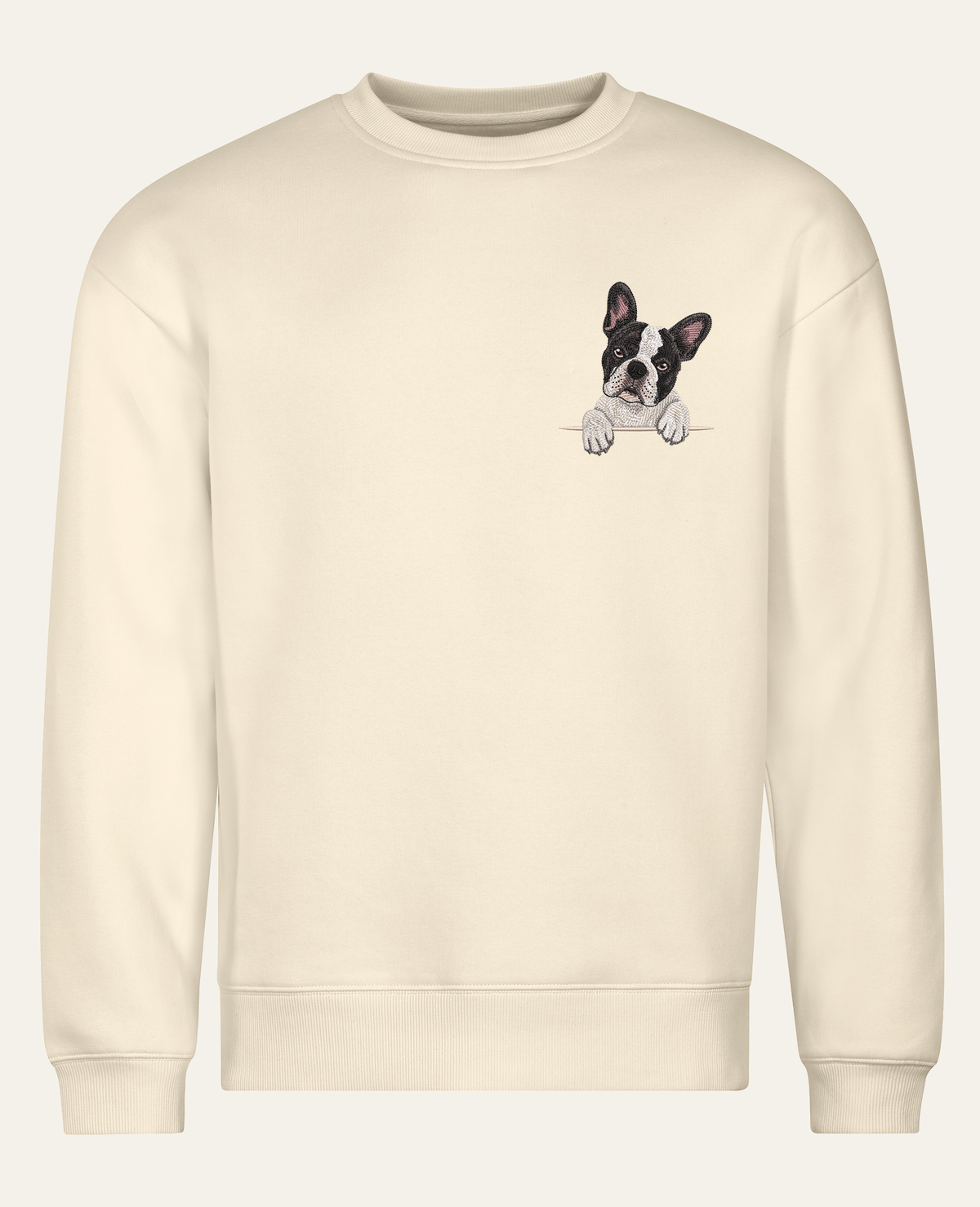 Buldog francuski (biało-czarny) – bluza z haftem, piaskowa, cała sylwetka