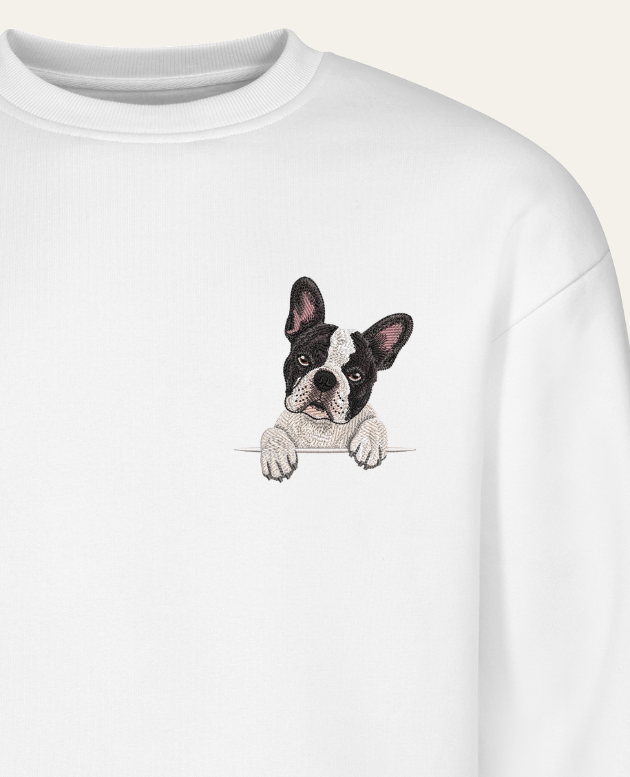 Buldog francuski (biało-czarny) – bluza z haftem, piaskowa