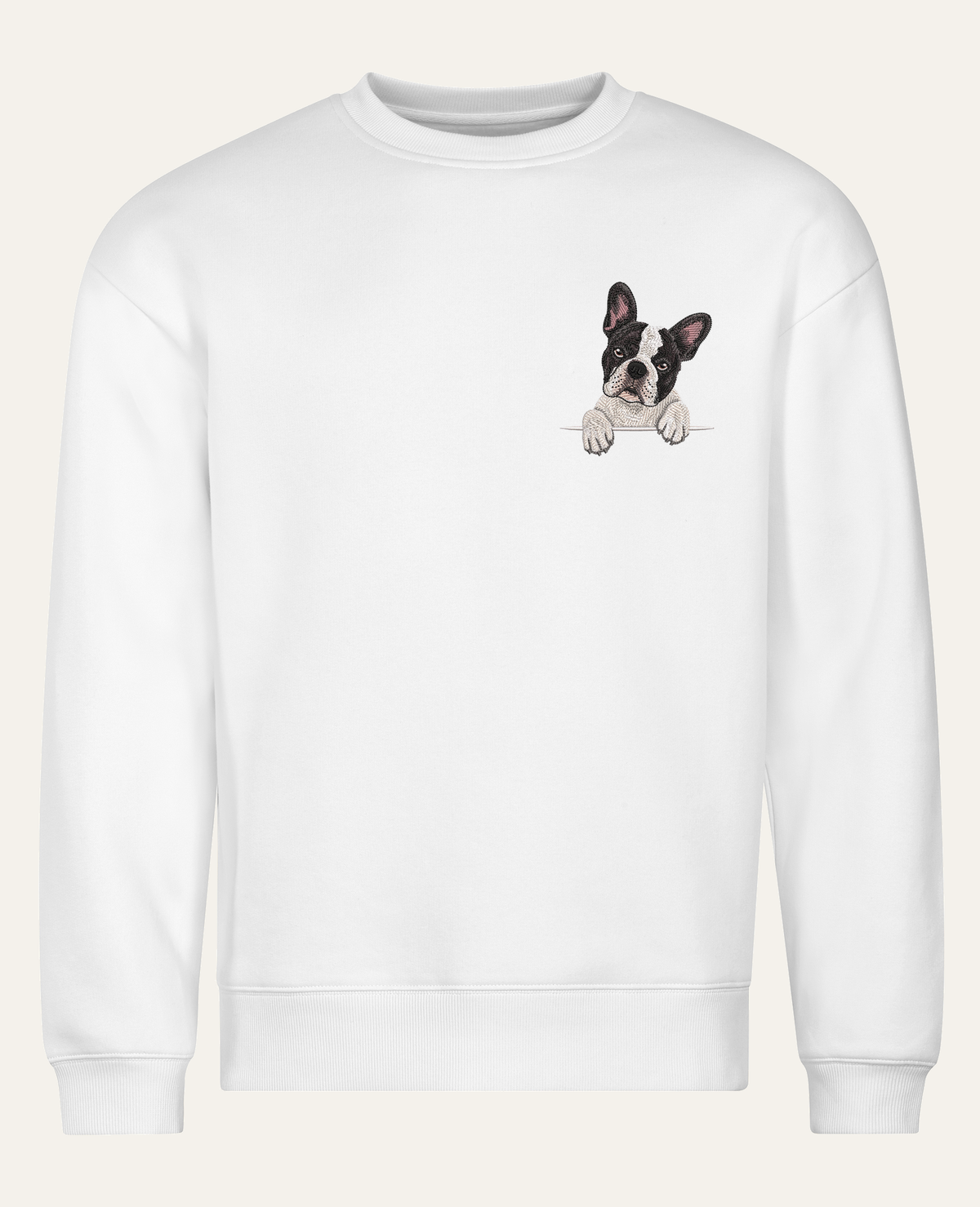 Buldog francuski (biało-czarny) – bluza z haftem, biała, cała sylwetka