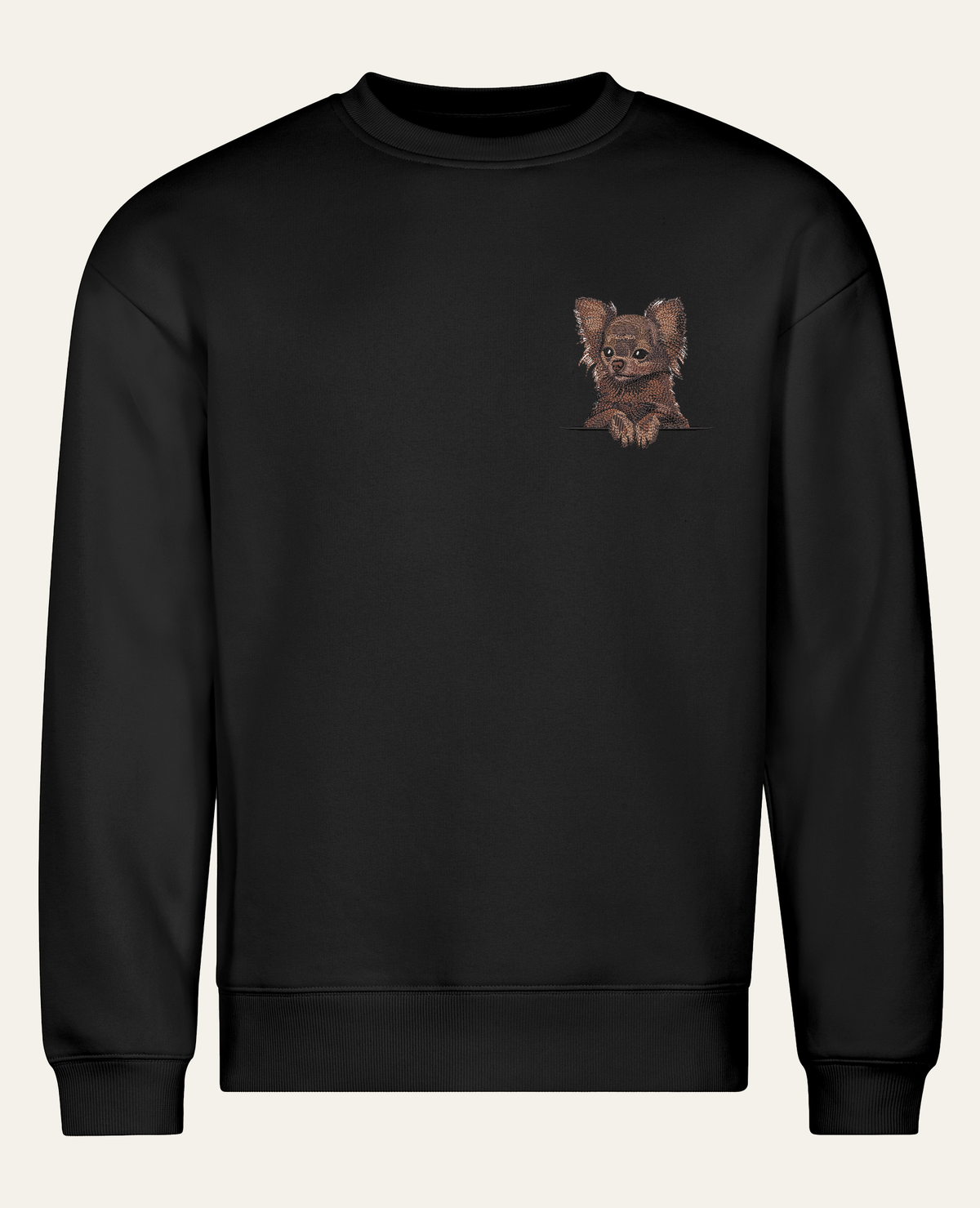 Chihuahua długowłosa (czekoladowy) – bluza z haftem, czarna, cała sylwetka