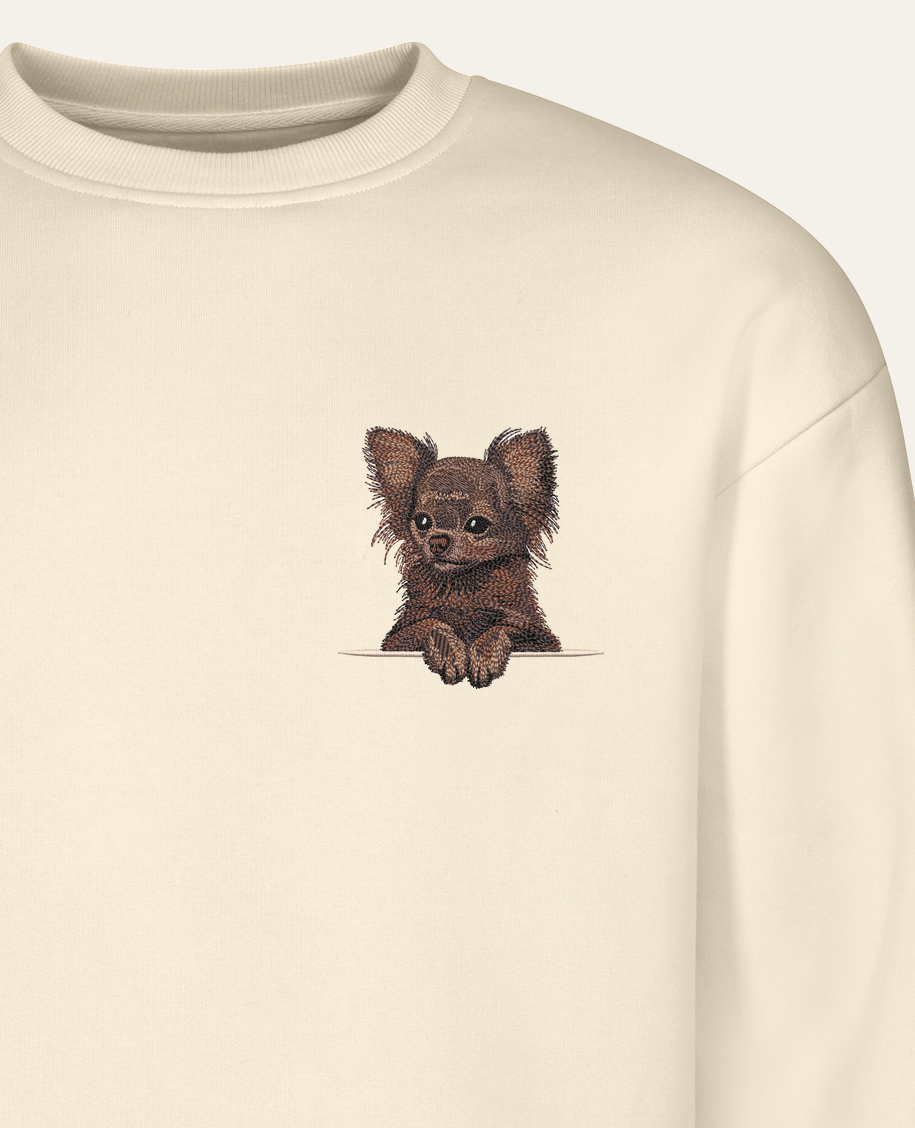 Chihuahua długowłosa (czekoladowy) – bluza z haftem, piaskowa