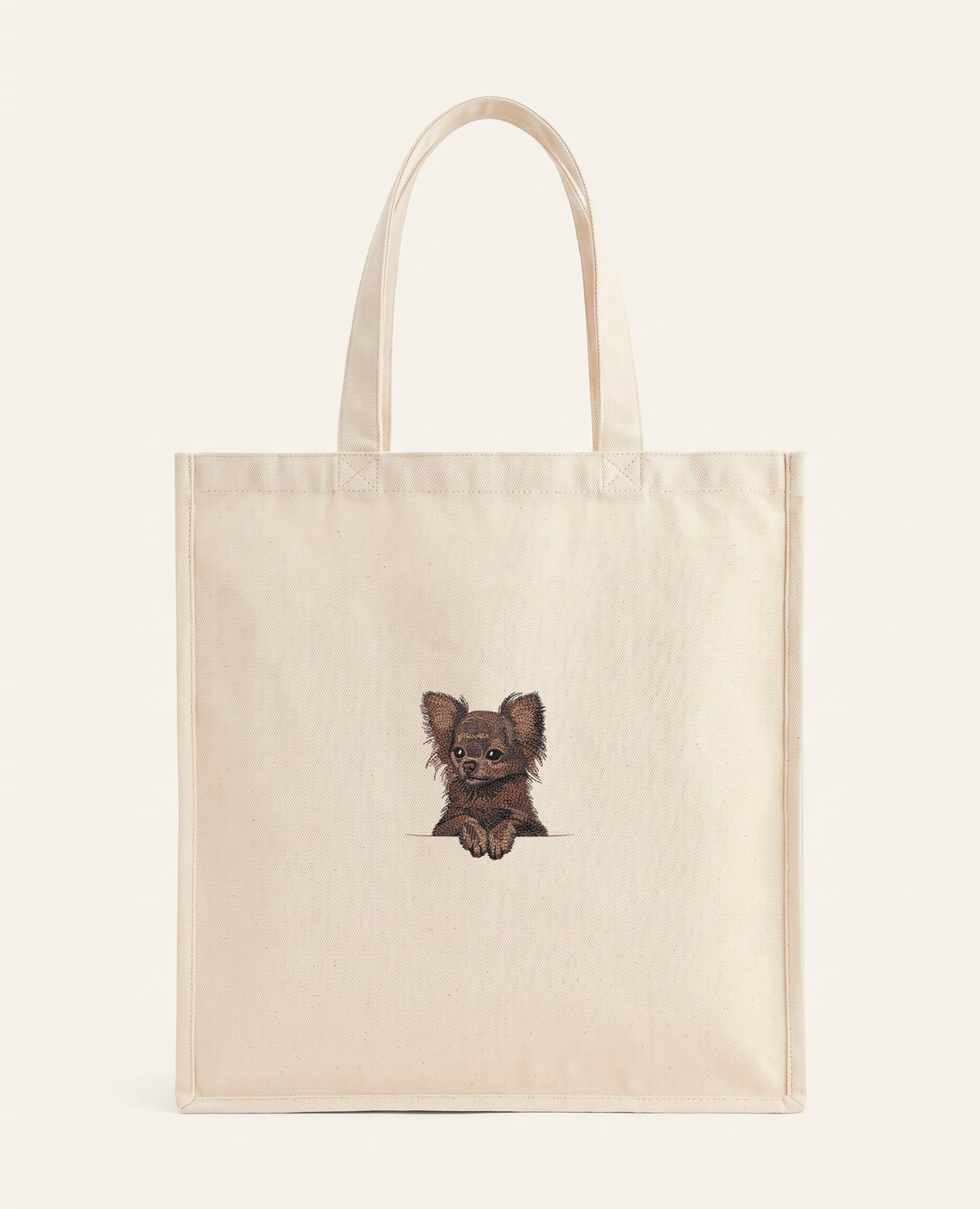 Chihuahua długowłosa (czekoladowy) – torba z haftem, piaskowa