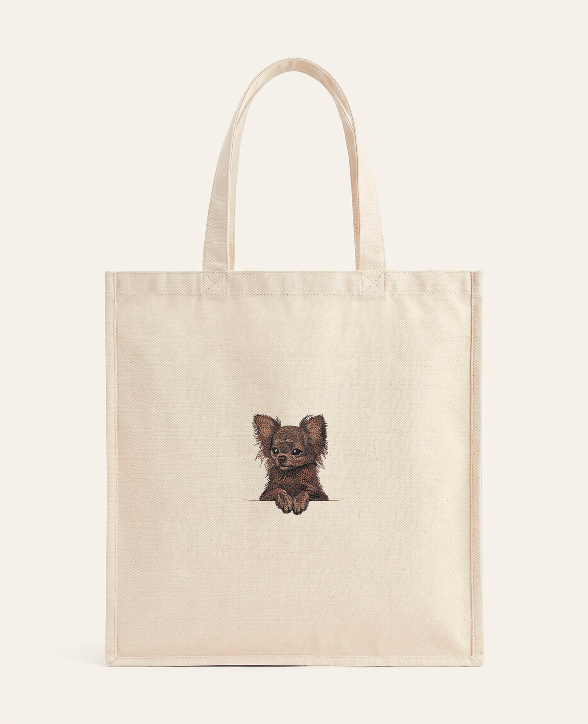 Chihuahua długowłosa (czekoladowy) – torba z haftem, piaskowa