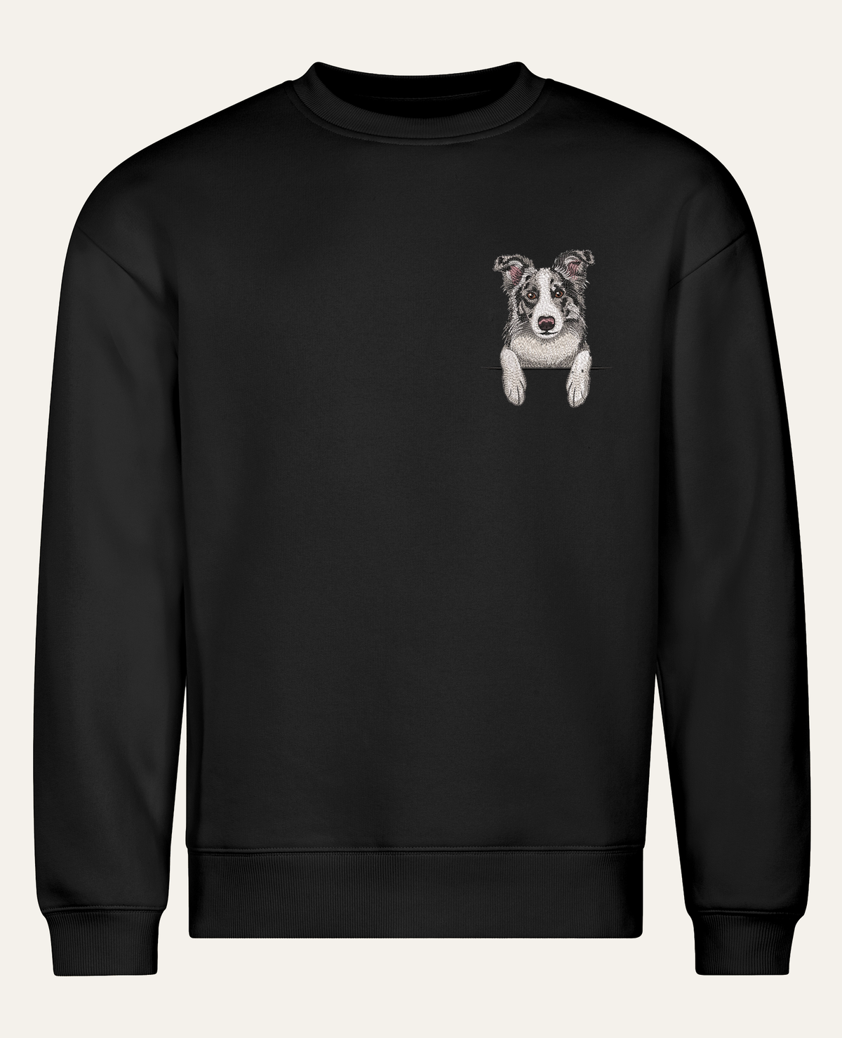 Border collie (marmurkowy) – bluza z haftem, czarna, cała sylwetka