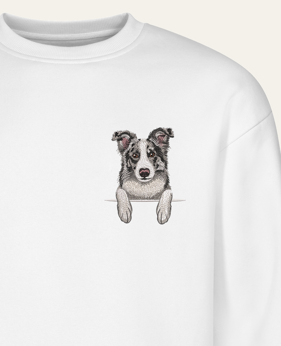 Border collie (marmurkowy) – bluza z haftem, biała