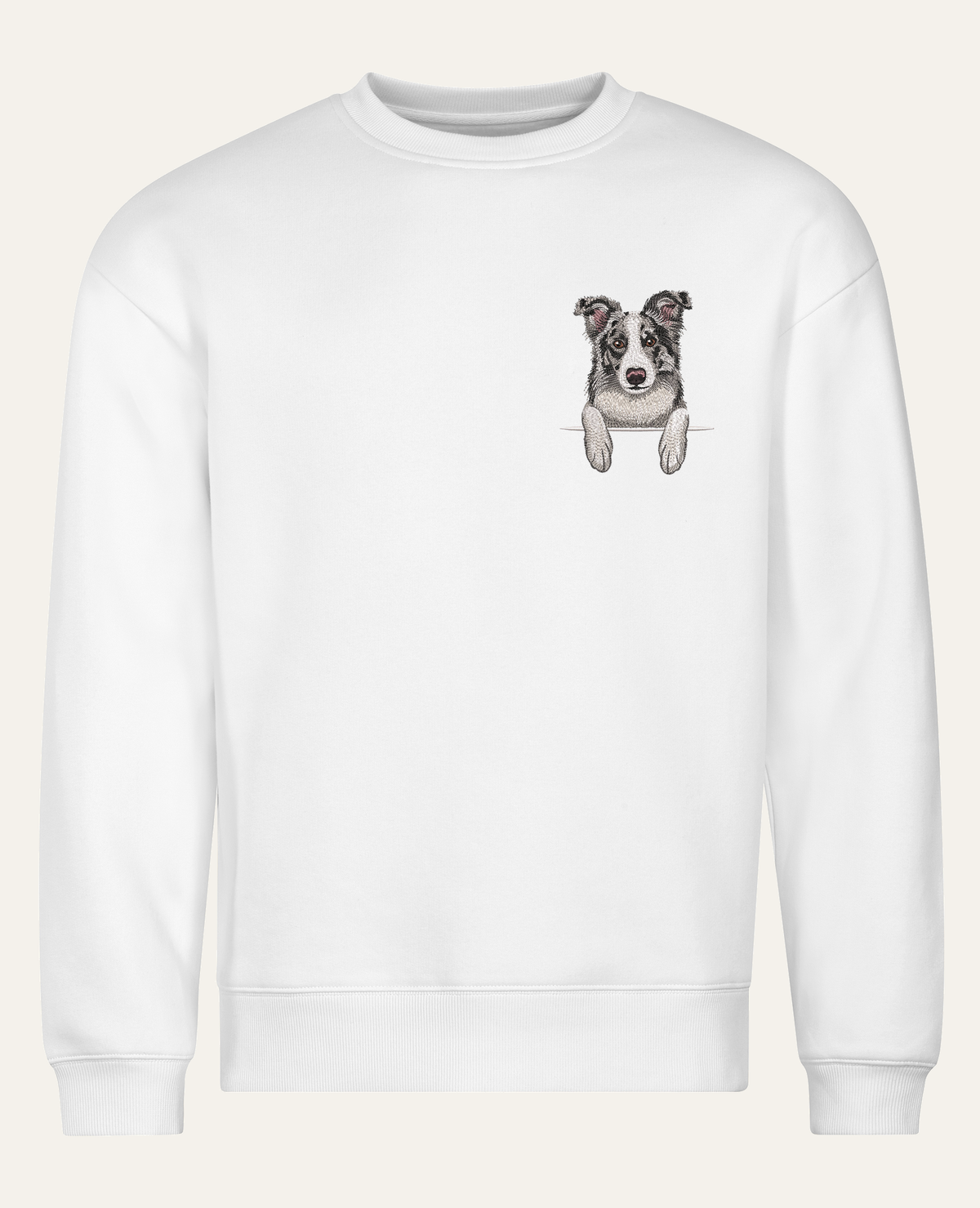 Border collie (marmurkowy) – bluza z haftem, biała, cała sylwetka