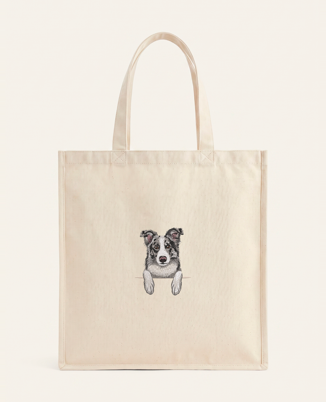 Border collie (marmurkowy) – torba z haftem, piaskowa