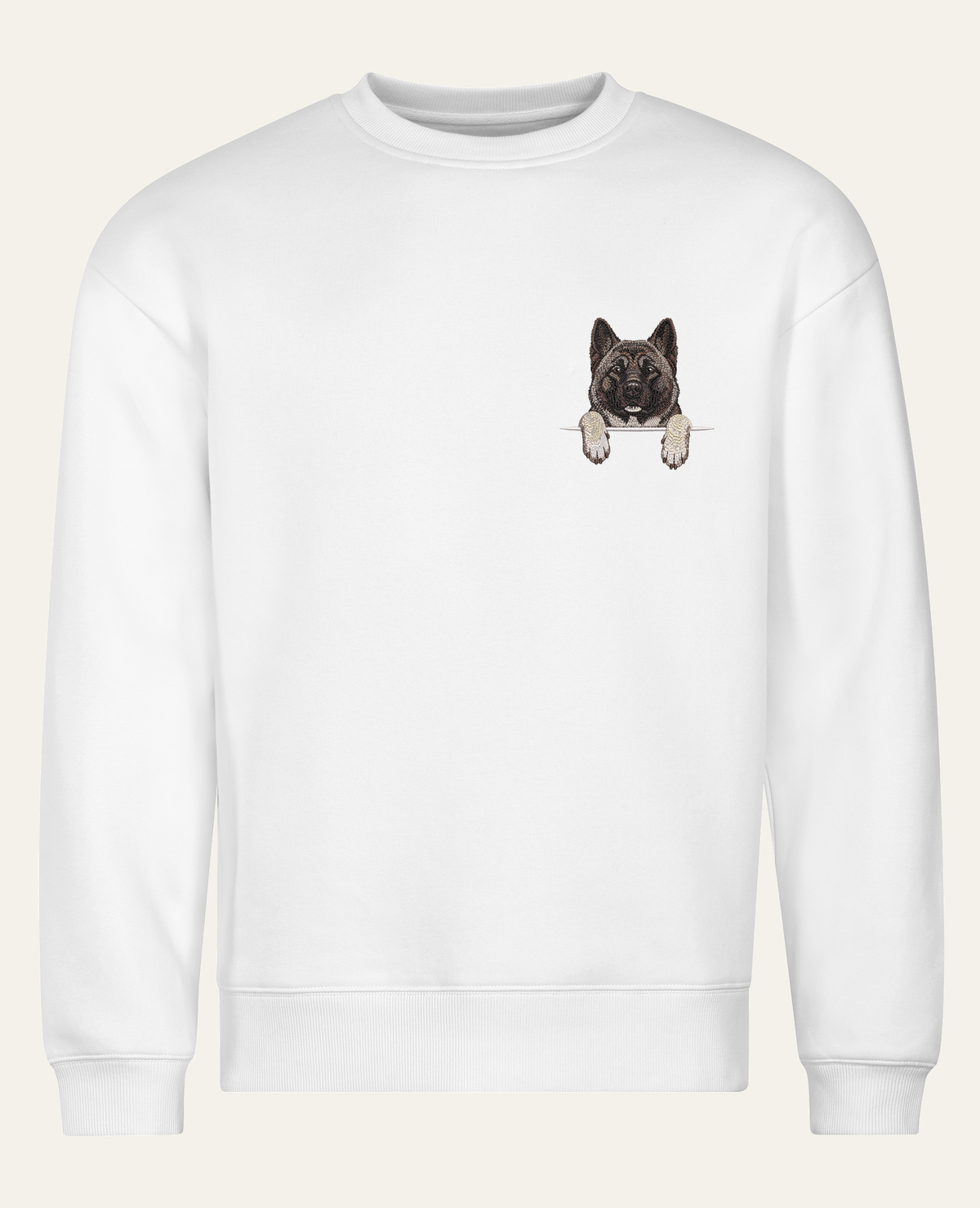 Akita amerykańska (pręgowany) – bluza z haftem, biała, cała sylwetka