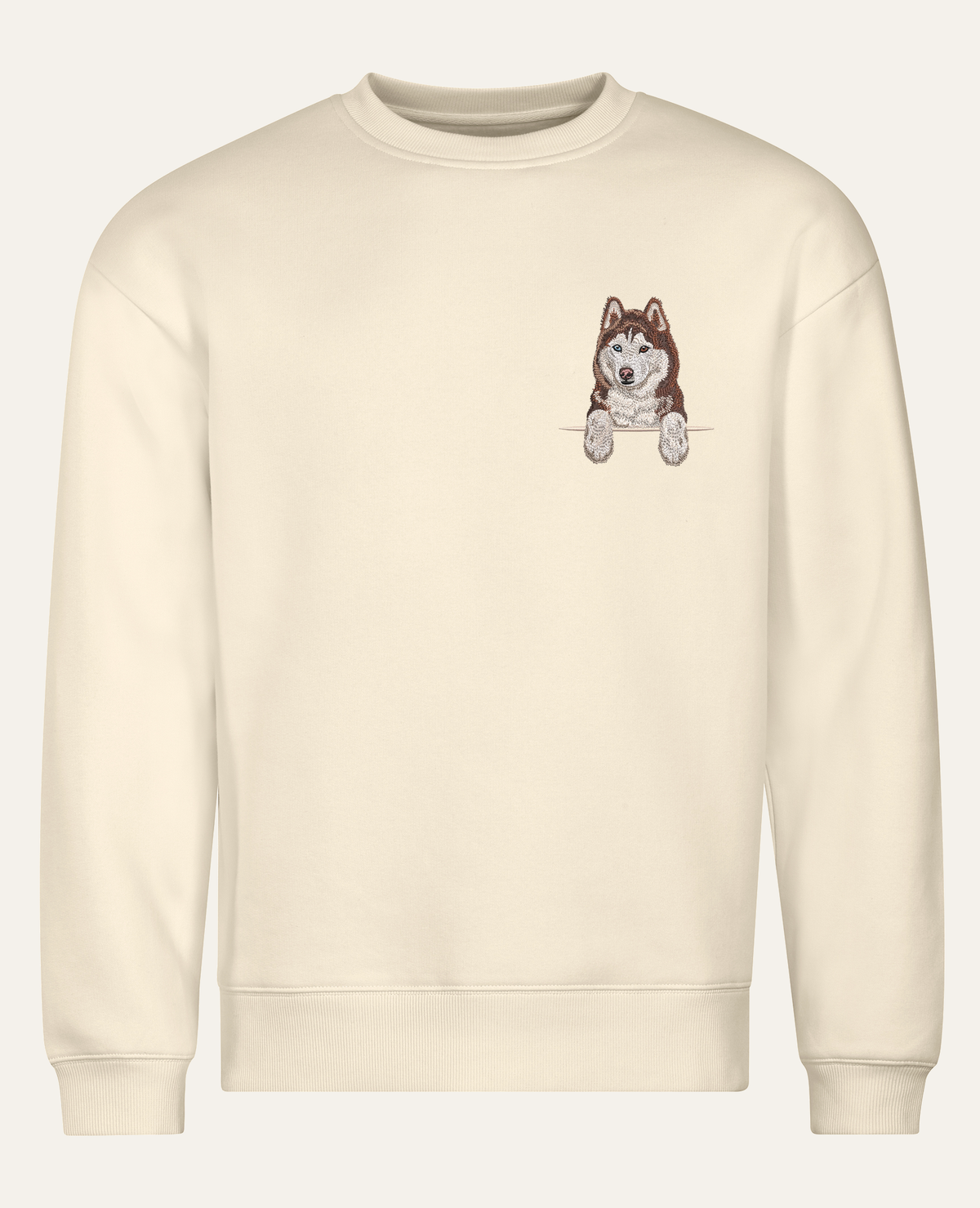 Husky syberyjski (brązowy) wzór 2 – bluza z haftem, piaskowa, cała sylwetka