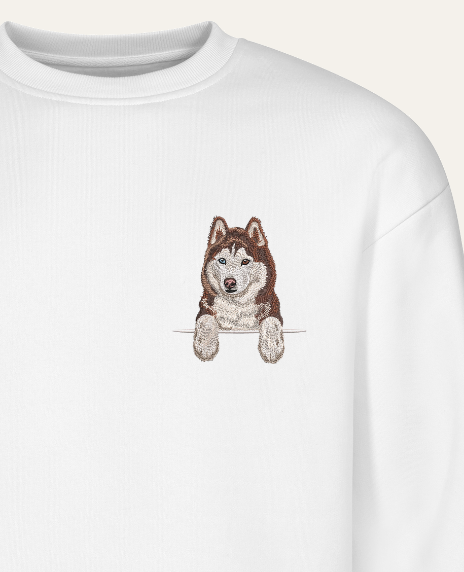 Husky syberyjski (brązowy) wzór 2 – bluza z haftem, biała