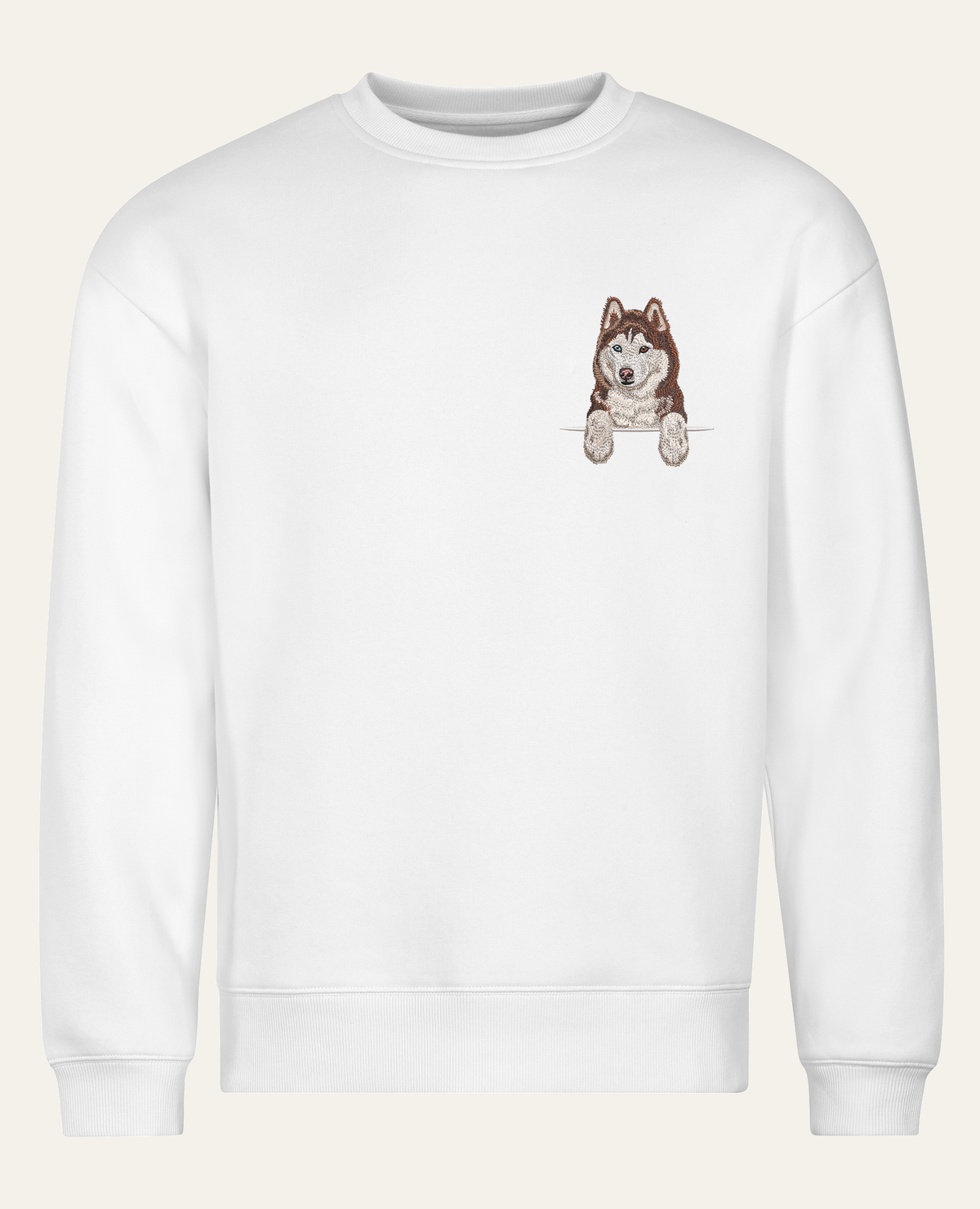 Husky syberyjski (brązowy) wzór 2 – bluza z haftem, biała, cała sylwetka