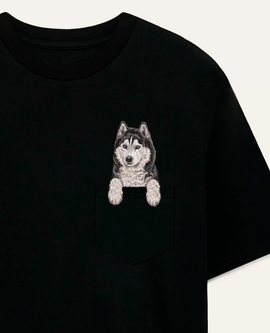 Koszulka z haftem Husky syberyjski (czarny)